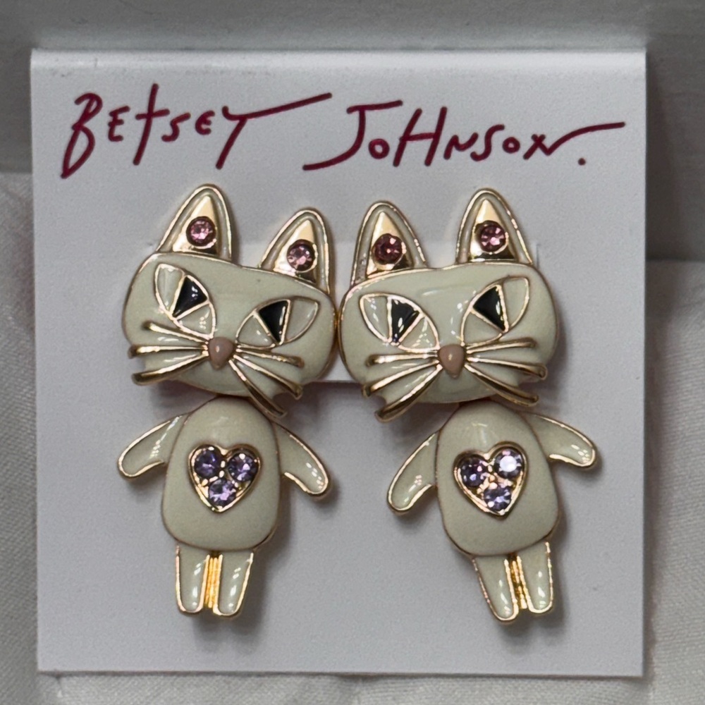 NWT Betsey Johnson Jacket Cat Earrings with Pink And purple crystals